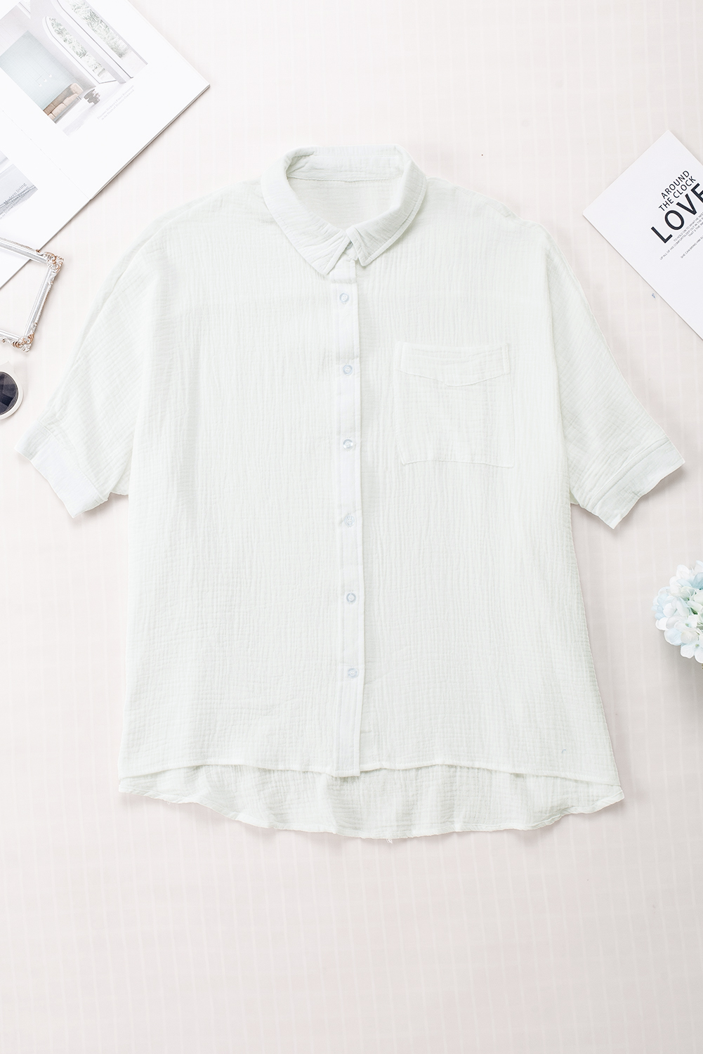 Women's Shirt, White Cotton Gauze, Oversized Shirt, 3/4 Sleeve, Single Chest Pocket, Casual Top, Daily Wear, Summer Fashion, Basic Style, Comfortable Fit, Solid Color, Versatile Outfit - Detail View 8