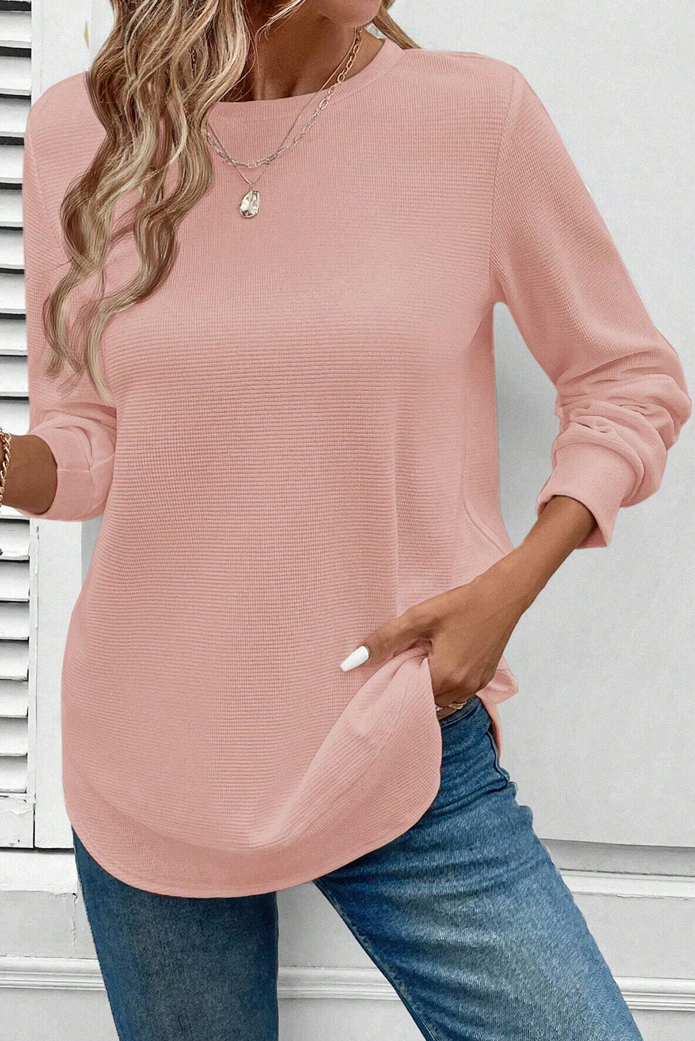 Casual Gossamer Pink Long Sleeve Waffle Knit Top - Perfect for Fall & Autumn - Detail View 6