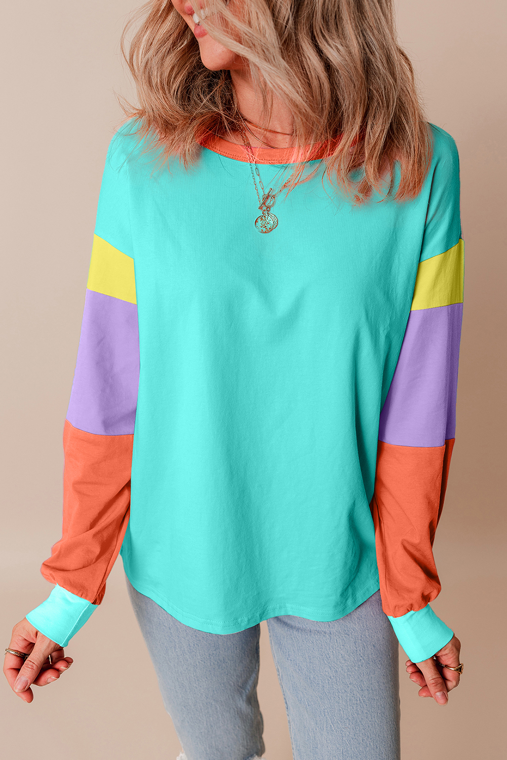 Women's Top, Light Blue, Colorblock, Patchwork, Long Sleeve, Casual Style, Daily Wear, Comfortable, Cotton Blend, Trendy Design, Shift Silhouette, Round Neck, Fall & Autumn Fashion - Detail View 8
