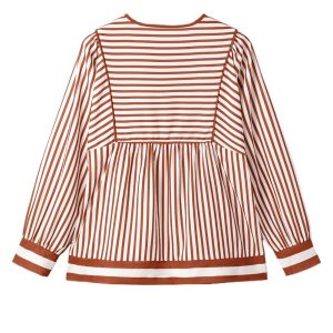 Women's Brown Stripe Babydoll Long Sleeve Blouse – Casual V Neck Top for Daily Wear - Main View