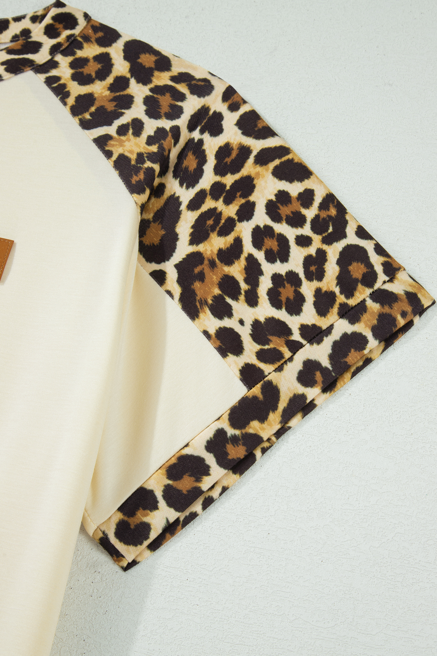 Western Style Women's Leopard Patchwork Tee – Beige Plus Size Short Sleeve Polo Top for Summer and Daily Outings - Detail View 6