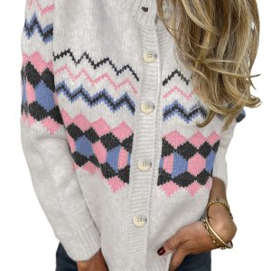 Women's Pink Stripe Geometric Button Up Sweater Cardigan for Casual Fall Style - Main View