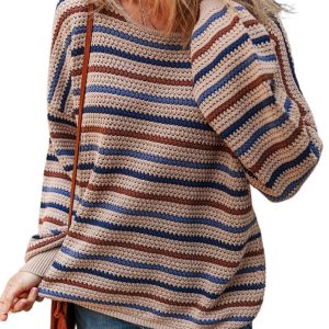 Women's Multicolour Striped Knitted Drop Shoulder Round Neck Sweater for Cozy Comfort - Main View
