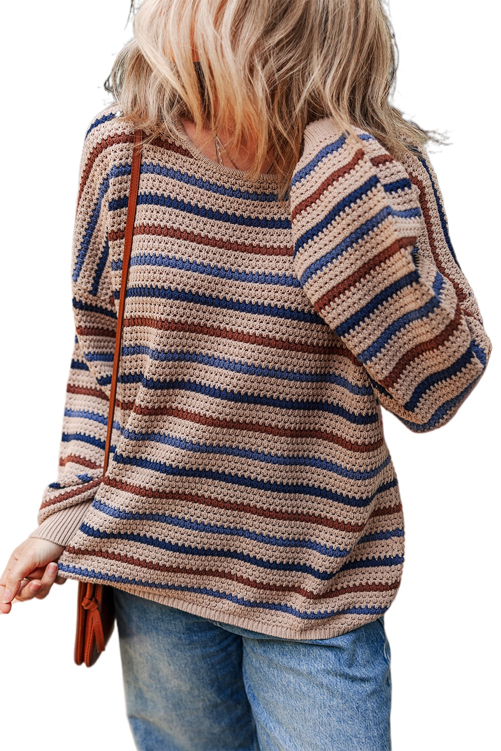 Women's Multicolour Striped Knitted Drop Shoulder Round Neck Sweater for Cozy Comfort - Main View