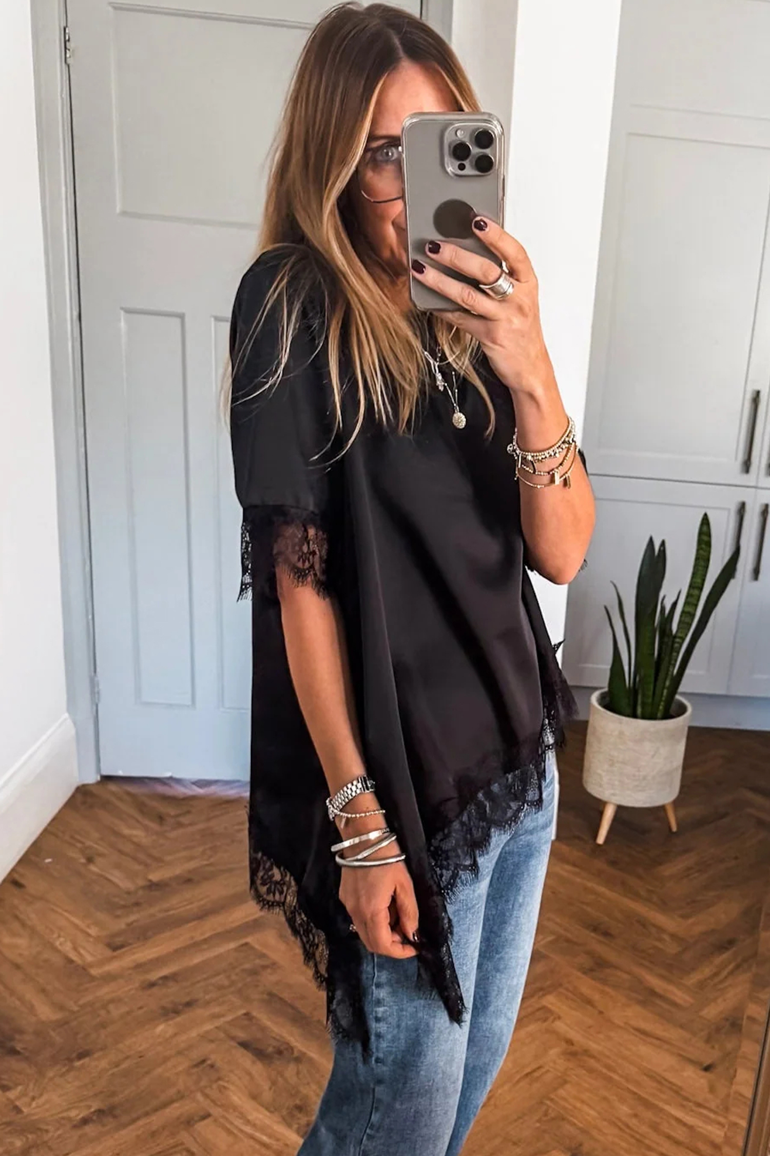 Elegant Black Satin Short Sleeve Top with Lace Details – Ideal for Casual Summer Outings - Detail View 3