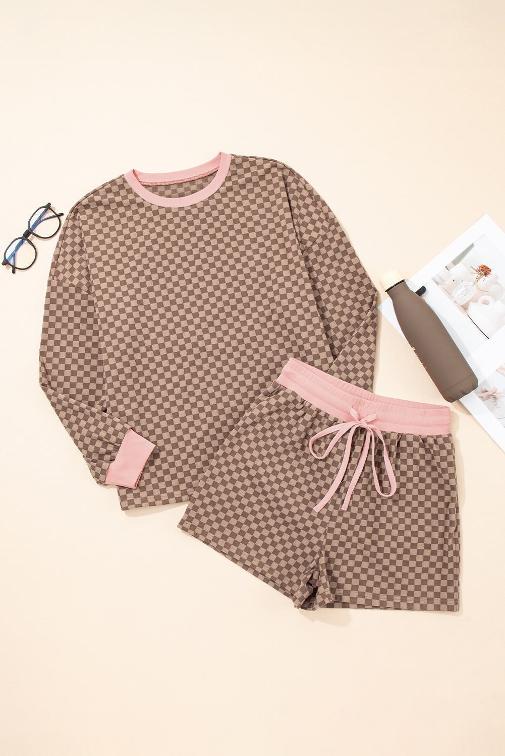 Women's Brown Checkerboard Long Sleeve Pullover and Lace-Up Shorts Set - Detail View 5