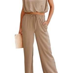 Women's Pale Khaki Keyhole Tank & Drawstring Pants Set – Casual Summer Two-Piece Outfit