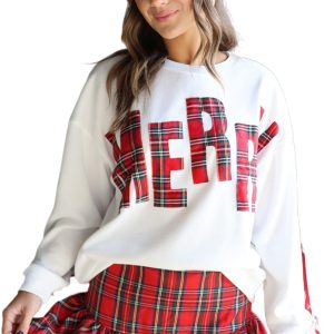Women's White Plaid Merry Christmas Vacation Sweatshirt – Casual Long Sleeve Round Neck for Daily Holiday Wear