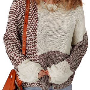 Women's Dark Khaki Color Block Loose Sweater – Casual Drop Shoulder Design for Fall & Autumn - Main View