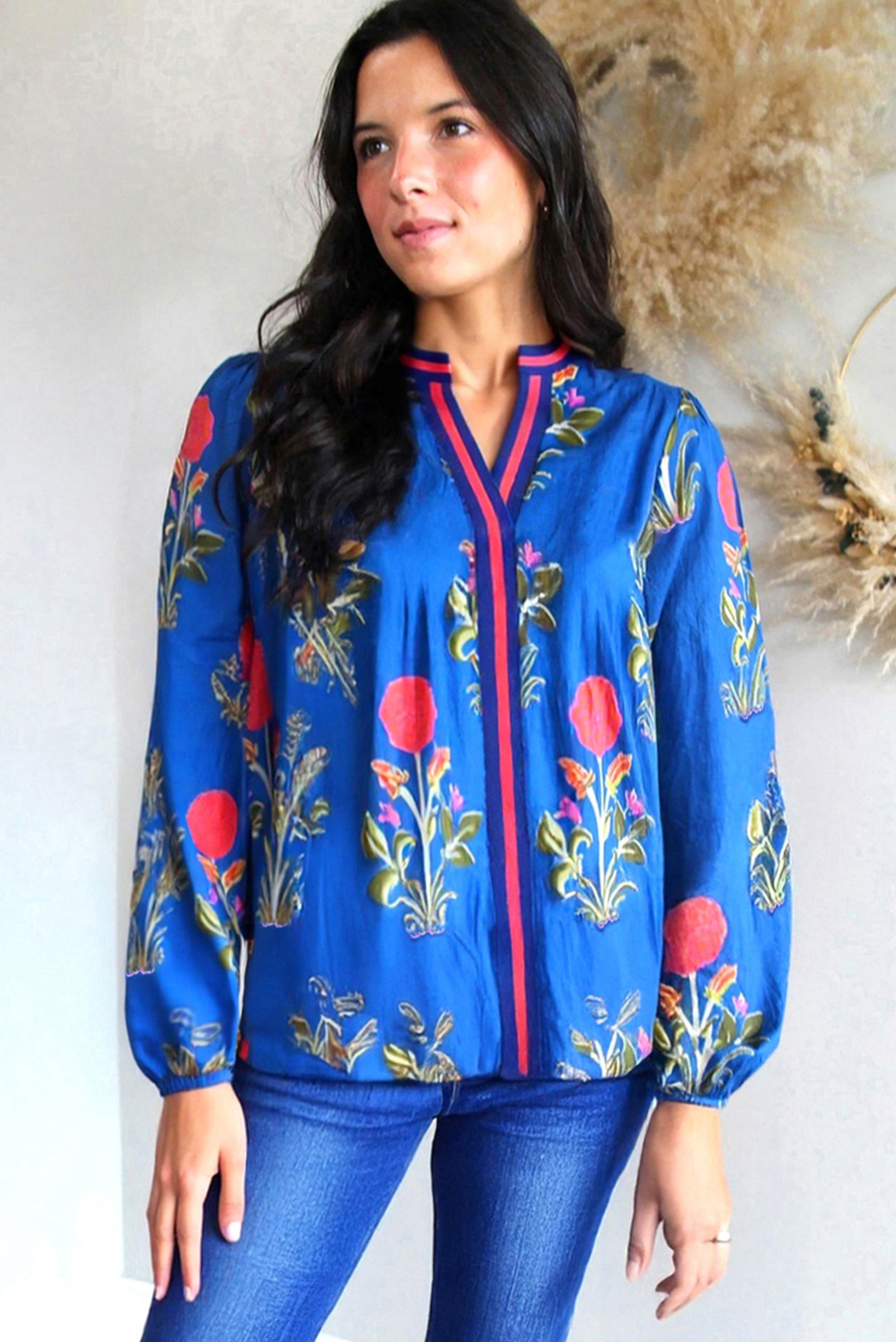 Casual Long Sleeve Blouse - Floral Pattern with Asymmetrical Neckline - Detail View 2