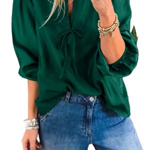 Women's Blackish Green Frilled V Neck Blouse – Casual 3/4 Sleeve Top for Daily Elegance