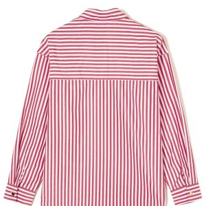 Women's Red Stripe Patched Pocket Loose Shirt – Casual Fall Fashion with Side Slit - Main View