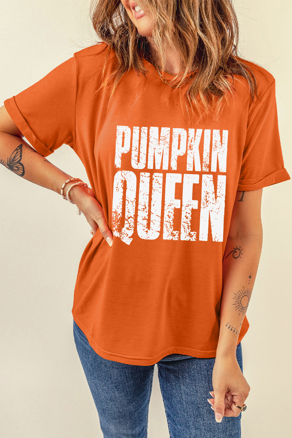 Casual Short Sleeve Round Neck T-Shirt - Pumpkin Queen Print in Vibrant Orange - Detail View 6