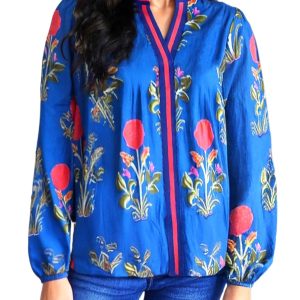 Women's Blue Floral Print Blouse with Contrast Striped Trim and Notched Neck - Main View