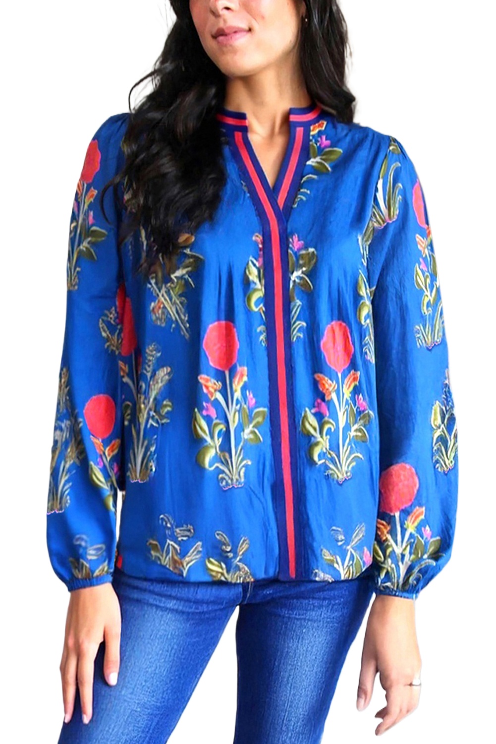 Women's Blue Floral Print Blouse with Contrast Striped Trim and Notched Neck - Main View