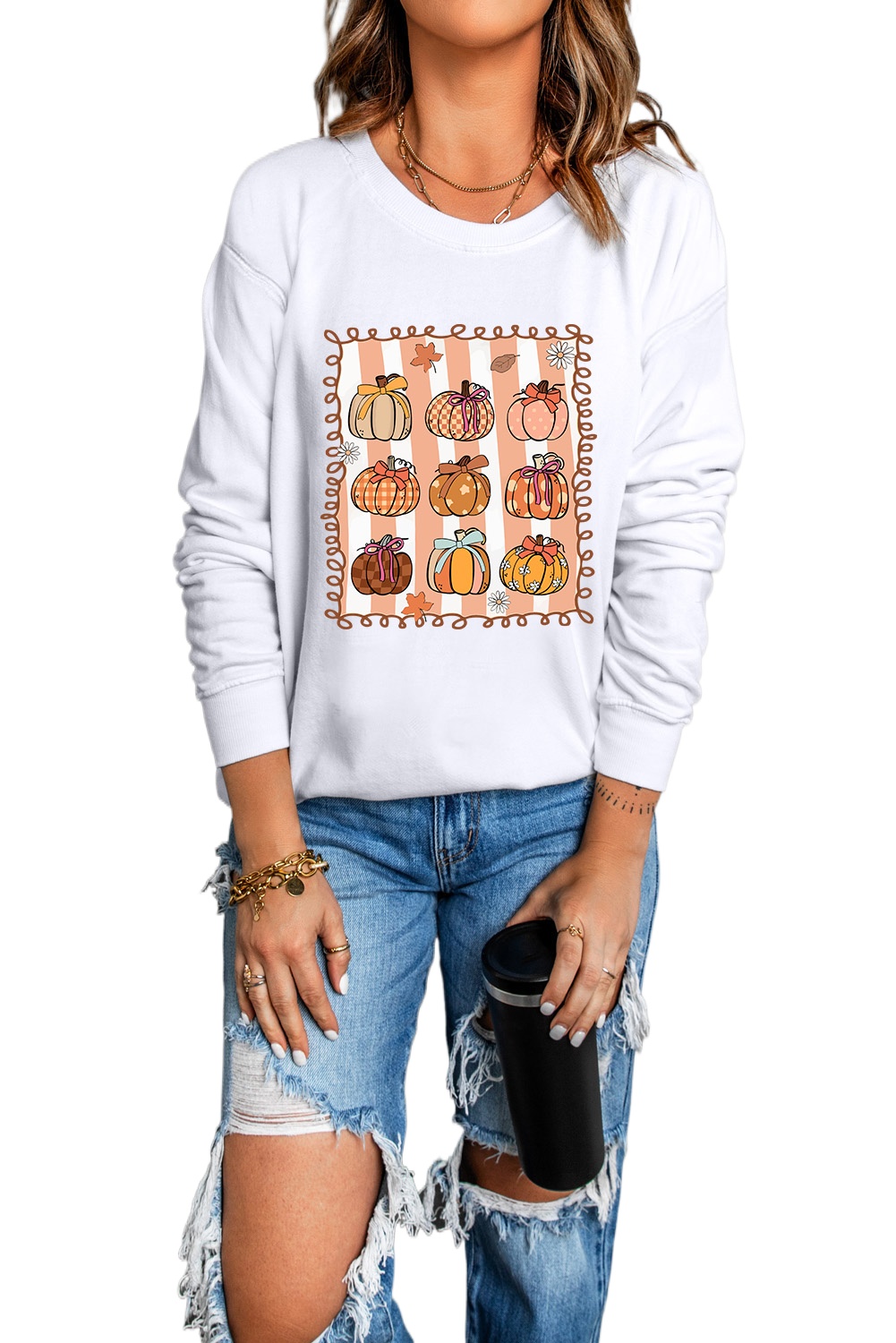 Women's White Fall Bow Pumpkin Graphic Sweatshirt - Cozy Casual Style - Main View