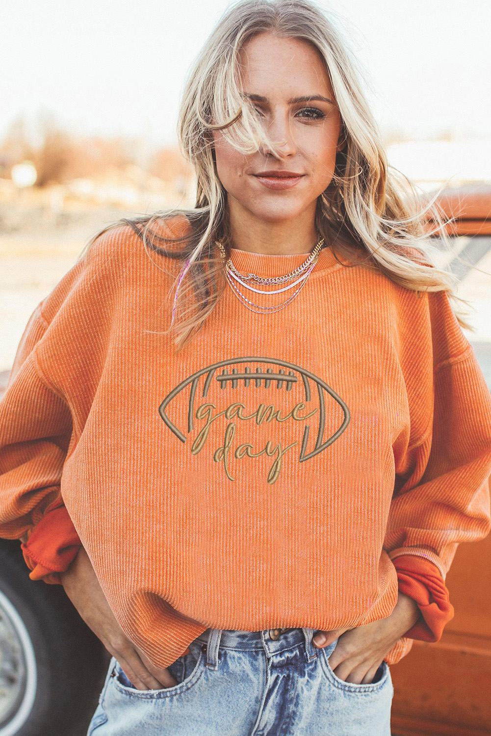 Orange Embroidered Corduroy Sweatshirt for Game Day - Casual Long Sleeve - Detail View 5