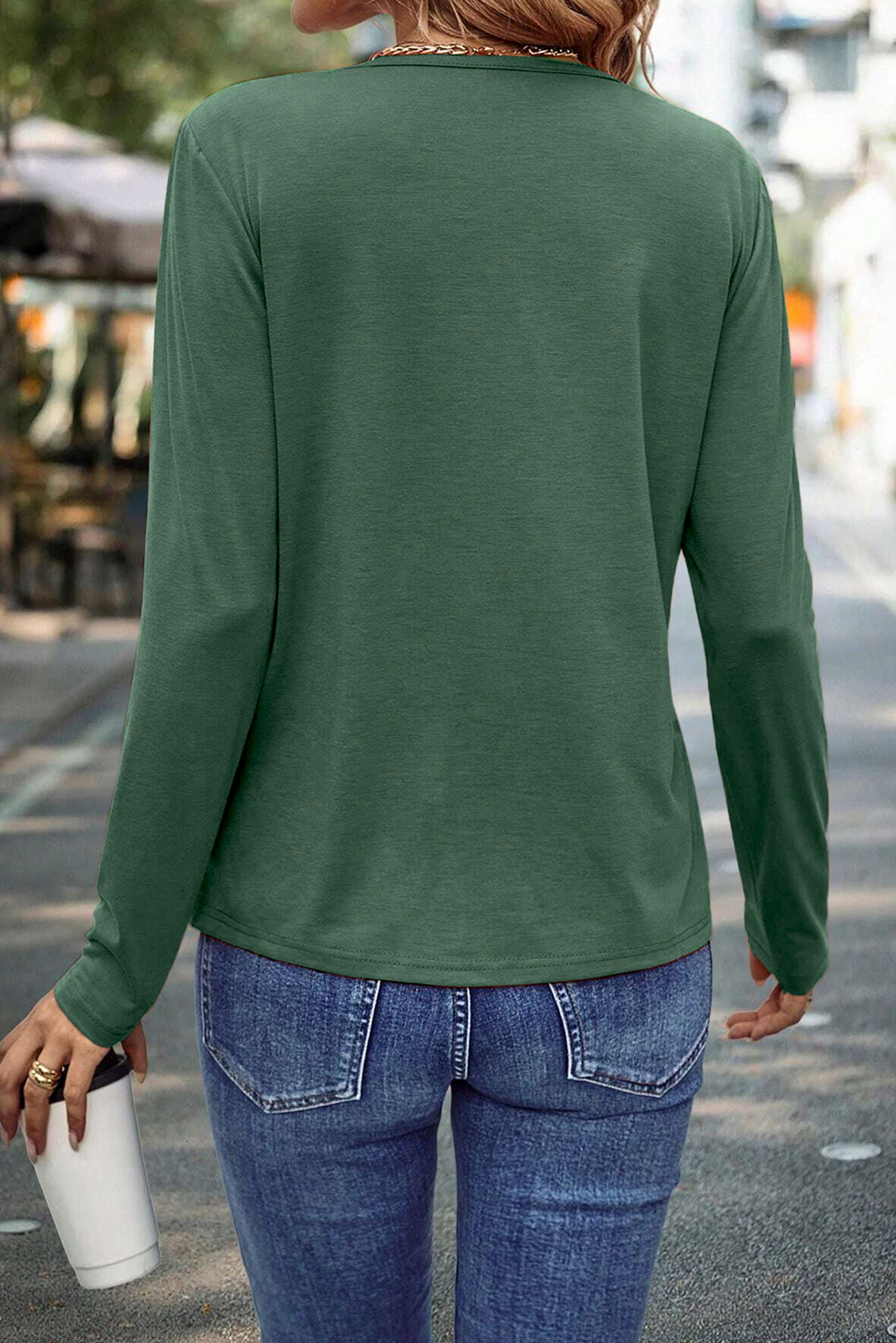 Trendy Solid Color Long Sleeve Top with Pleated Details - Blackish Green - Detail View 2
