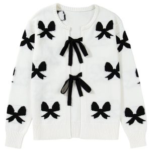 Women's White Lace-Up Bow Pattern Cardigan – Casual Long Sleeve Sweater for Everyday Comfort - Main View