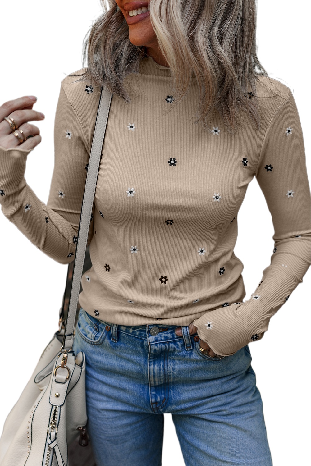 Stylish Long Sleeve Ribbed Top with Floral Embroidery - Perfect for Fall & Autumn - Detail View 2