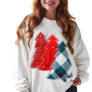 Women's White Plaid Christmas Tree Sweatshirt – Casual Drop Shoulder Long Sleeve