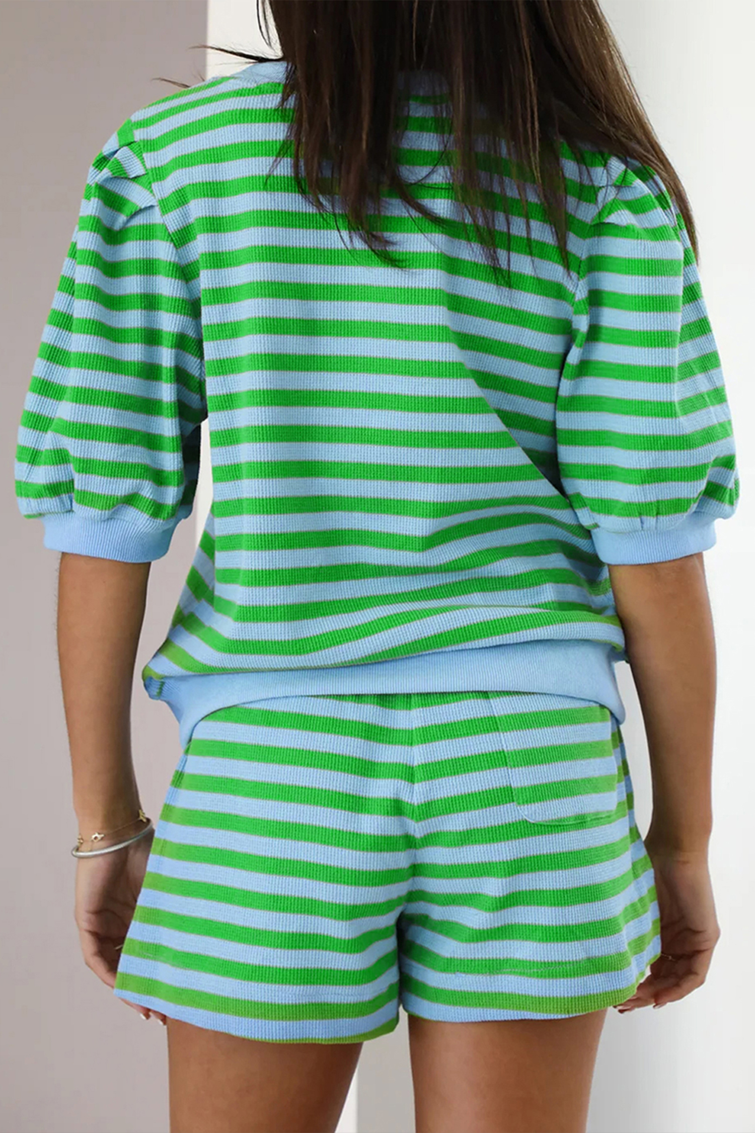 Casual Striped Colorblock Lounge Set for Women – Short Sleeve Puff Sleeve Top and Shorts Outfit - Detail View 14