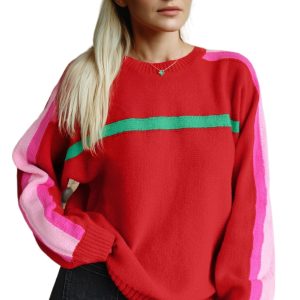 Women's Fiery Red Holly Christmas Sweater – Casual Holiday Daily Wear
