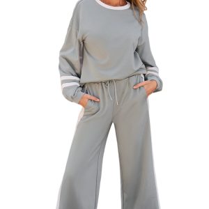 Women's Gray Patchwork Puff Sleeve Pullover Set with Wide Leg Pants