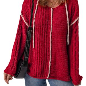 Racing Red Hooded Sweater with Contrast Trim - Casual Textured Knit - Main View