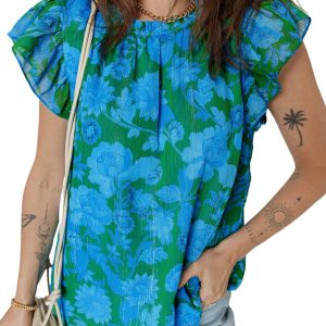 Women's Green Floral Print Ruffled Sleeve Blouse – Casual Summer Top for Daily Wear
