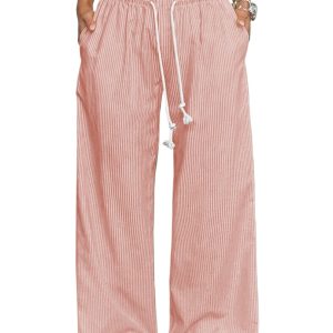 Women's Pink Stripe Drawstring Plus Size Loose Pants – Comfortable Casual Wear for Spring