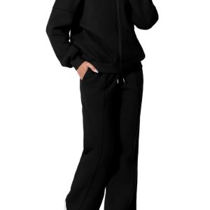 Women's Black Drop Shoulder Zip Up Jacket and Drawstring Pants Set – Stylish Activewear for Daily Adventures - Main View
