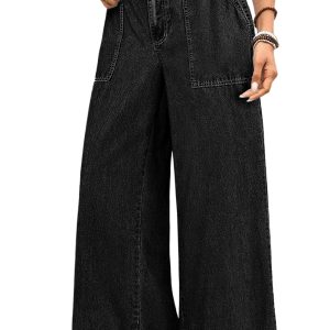 Women's Black Plus Size Ruffled Wide Leg Denim Pants – Casual Everyday Comfort