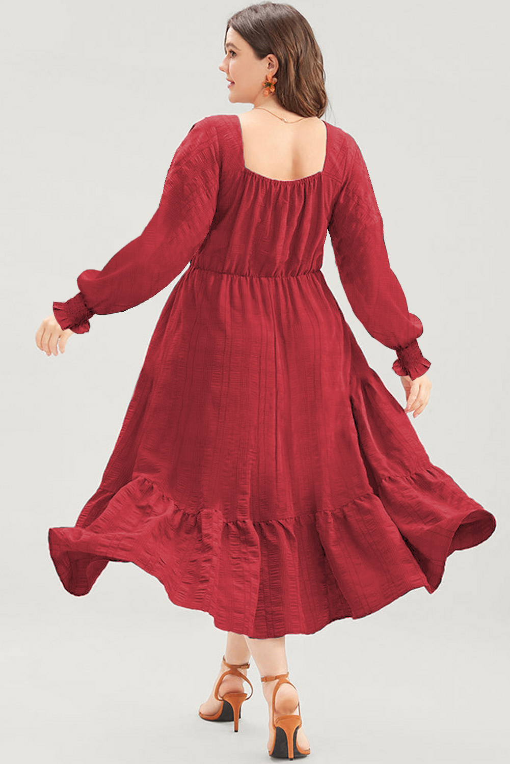 Elegant Long Sleeve Fiery Red Midi Dress - Plus Size with Drawstring Details - Detail View 10