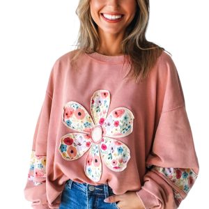 Women's Peach Blossom Floral Applique Pullover – Cozy Casual Sweatshirt for Everyday Wear - Main View