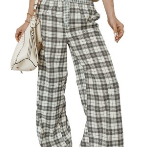 Women's Gray Plaid Wide Leg Casual Pants - High Waist & Stylish Daily Wear - Main View