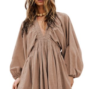 Women's Smoke Gray Deep V Neck Bubble Sleeve Smocked Mini Dress for Daily Casual Wear