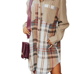 Khaki Plaid Patchwork Long Sleeve Shirt Mini Dress - Casual H-Line Design - Main View