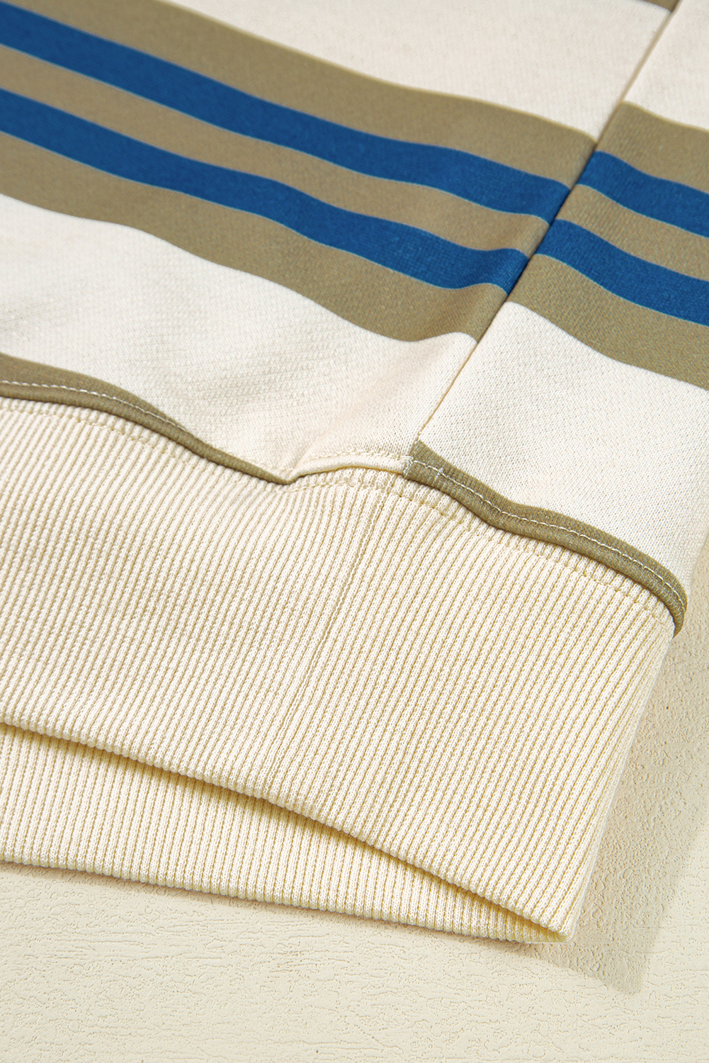 Casual and Cozy Khaki Striped Long Sleeve Sweatshirt with Ribbed Details - Detail View 10