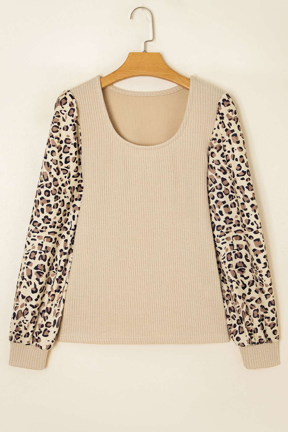 Women's Apricot Leopard Sleeve Patchwork Ribbed Knit U Neck Top - Casual Long Sleeve - Detail View 5