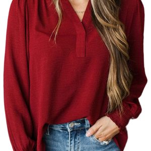Women's Burgundy V-Neck Long Sleeve Blouse – Casual Shift Silhouette for Everyday Comfort