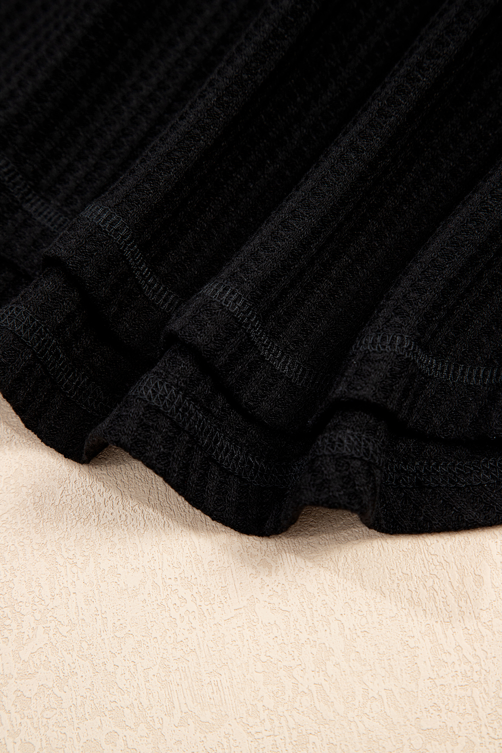 Women’s T-Shirt, Black Tee, Waffle Texture, Ribbed, V Neck, Drop Shoulder, Loose Fit, Casual Style, Summer Top, Beach Outfit, Daily Wear, Vacation Ready, Outdoor Activities, Date Night, Back to School - Detail View 12
