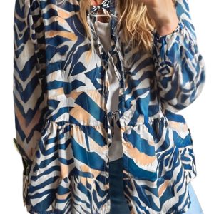 Women's Blue Zebra Print Tied Front Puff Sleeve Top for Casual Spring Outfits - Main View