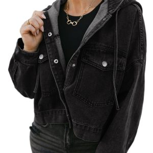 Women's Black Hooded Denim Jacket with Big Chest Pocket - Casual Drop Shoulder Design - Main View