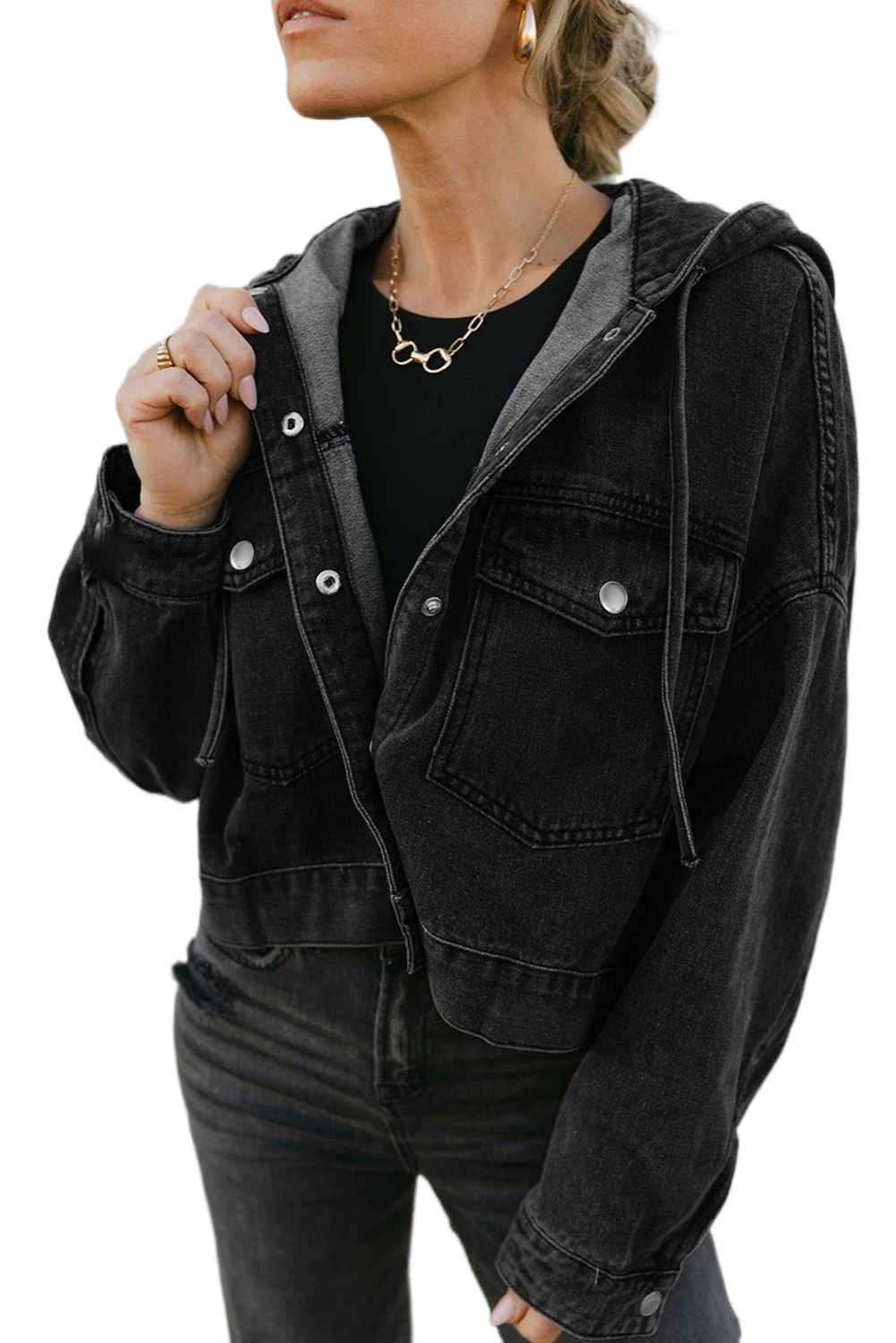 Women's Black Hooded Denim Jacket with Big Chest Pocket - Casual Drop Shoulder Design - Main View