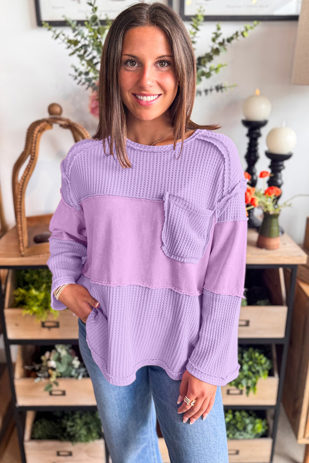 Women's Phalaenopsis Purple Thermal Knit Long Sleeve Top with Contrast Textured Patchwork - Detail View 5