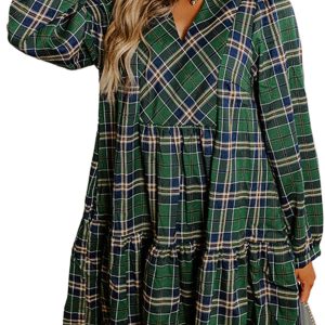 Women's Green Plaid Print Mini Dress with Frilly Collar – Perfect for Daily Casual Wear - Main View