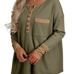 Women's Vineyard Green Color Block Waffle Textured Tunic Henley Top with Slits - Main View
