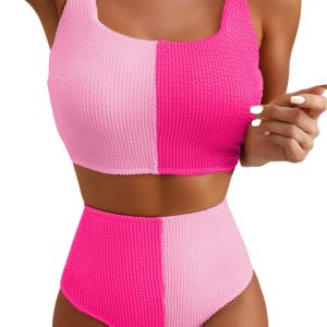 Women's Vintage Pink Colorblock Bikini – Stylish Square Neck Swimsuit for Summer Fun