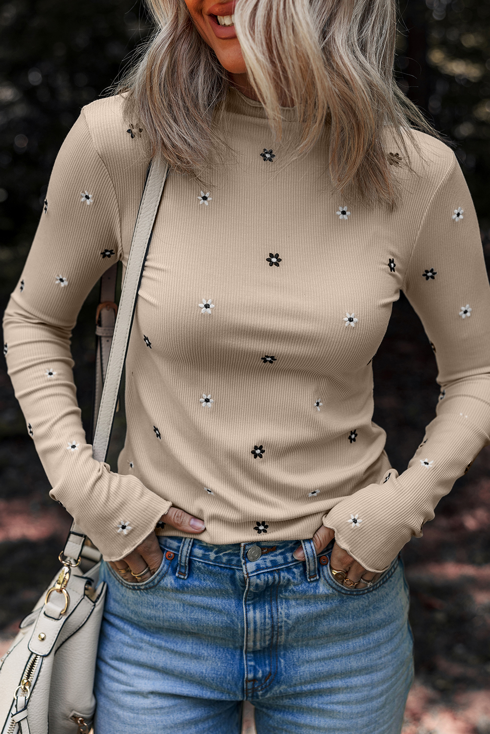 Women's Jet Stream Floral Embroidered Ribbed Long Sleeve Top - High Neck Casual Elegance - Detail View 9